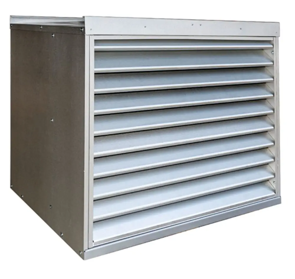 Daikin-Soundabdeckung mit Lamellen, designed für Geräuschreduzierung, geeignet für Außengeräte. Würfelform mit Metalloberfläche, sichtbar durch horizontale Einschnitte.